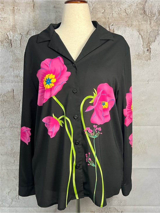 Sag harbor Tops - Sag Harbor Black Floral Button Front Blouse Pink Poppy Print Long Sleeve Size 16
